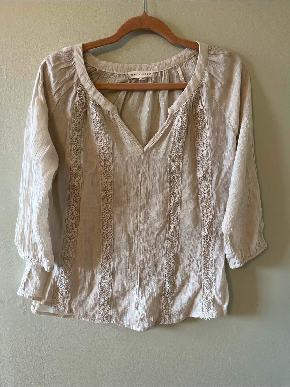 Light Cream Boho Lace-Trim Peasant Blouse